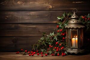 AI generated Rustic wooden background with holly berries and a vintage lantern. Generative AI photo