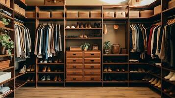 AI generated A clutter-free closet with shoes stored on shelves. Generative AI photo