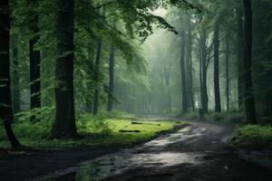 AI generated Serene forest after a light drizzle, leaves glistening. Generative AI photo