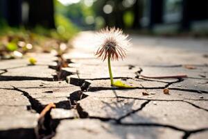 AI generated A close up of a resilient dandelion breaking through the cracks in a sidewalk. Generative AI photo