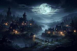 AI generated Full moon shining over a spooky village. Generative AI photo