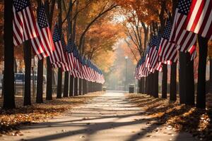 AI generated American flags lining a pathway leading to a Patriot Day memorial. Generative AI photo