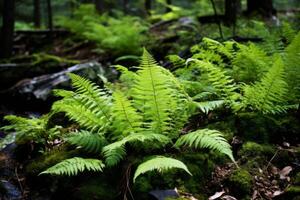 AI generated Lush green vegetation in a serene woodland setting. Generative AI photo