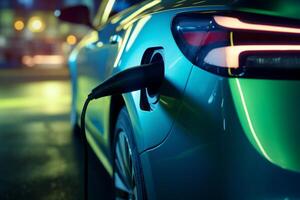 AI generated A close-up of an electric car's charging plug connecting to a vehicle. Generative AI photo