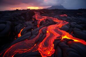 AI generated Stunning lava flows creating new land. Generative AI photo