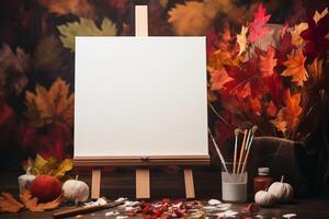 AI generated Artistic mockup featuring a canvas, paintbrushes, and autumn foliage for inspiration. Generative AI photo