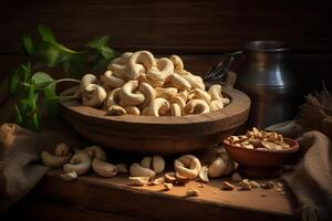 AI generated Cashew nuts with their shells on a rustic table. Generative AI photo