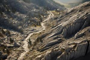 AI generated An aerial perspective of a desolate wilderness, marked by deep crevices. Generative AI photo