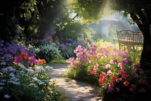 ai generado un tranquilo jardín con vibrante tarde flores generativo ai foto