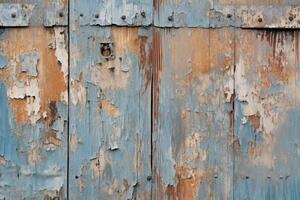 AI generated A close-up of a weathered wooden door with peeling paint. Generative AI photo