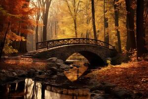 AI generated Bridge over a creek in an autumn forest. Generative AI photo