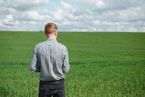 A young agronomist works on a wheat field. Concept of growing healthy food. photo