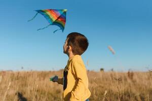 Little boy with kite flying over his head photo