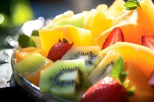 AI generated A close-up of a fresh fruit salad in the sun. Generative AI photo