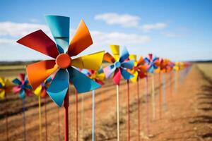AI generated A perfectly balanced row of colorful pinwheels in the wind. Generative AI photo