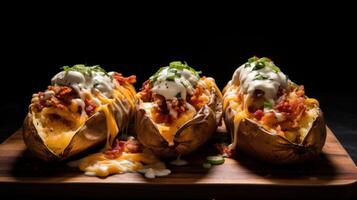 AI generated Plate of greasy and decadent loaded potato skins. Generative AI photo