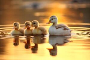 ai generado juguetón patos y su reflexiones en un calma estanque. generativo ai foto