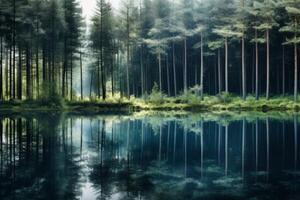 AI generated A tranquil reflection of a forest mirrored in the glassy waters of a lake. Generative AI photo