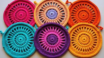 AI generated Crocheted potholders in bright colors. Generative AI photo