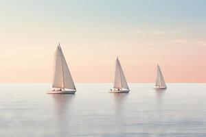 AI generated Identical triple sailboats gliding on the sea. Generative AI photo