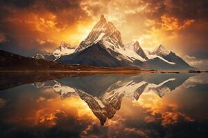 AI generated The reflection of a mountain in a golden lake. Generative AI photo