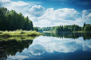 ai generado tranquilo lago anidado dentro un sereno natural paisaje, reflejando el belleza de naturaleza. generativo ai foto