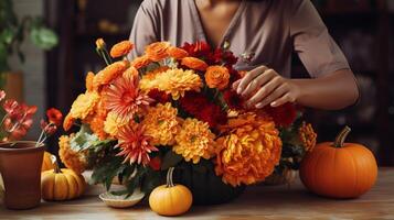 AI generated Close-up of a person's hands arranging a pumpkin floral arrangement. Generative AI photo