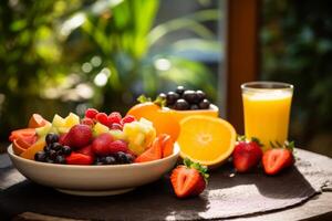 ai generado un desayuno mesa con un cuenco de Fresco fruta. generativo ai foto