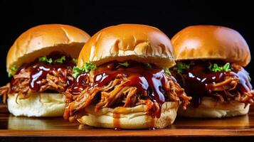 AI generated Greasy and satisfying barbecue pulled pork sliders. Generative AI photo