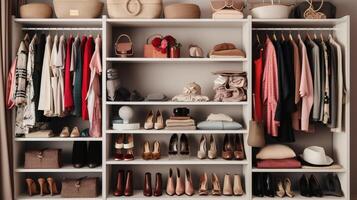 AI generated A clutter-free closet with shoes stored on shelves. Generative AI photo