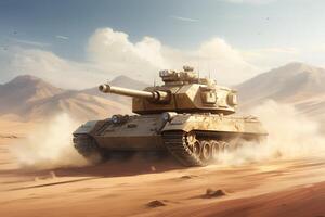 AI generated A tank in a desert environment, kicking up dust. Generative AI photo