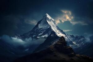 AI generated The majesty of a mountain peak against a full moon. Generative AI photo