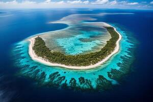 ai generado aéreo ver de un prístino coral atolón con un turquesa laguna rodeando él. generativo ai foto