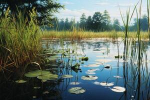 AI generated Tranquil pond with water reeds and a sense of stillness. Generative AI photo