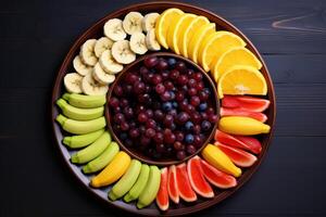 AI generated Banana slices arranged in a colorful fruit platter. Generative AI photo