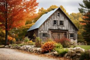 AI generated Rustic barn surrounded by colorful foliage. Generative AI photo