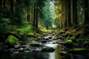 AI generated Peaceful evergreen grove by a mountain stream. Generative AI photo