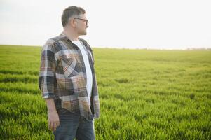 un joven granjero inspecciona el calidad de trigo coles en el campo. el concepto de agricultura. foto