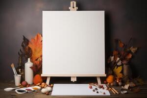 AI generated Autumn mockup showcasing a blank canvas, paint tubes, and artistic tools. Generative AI photo