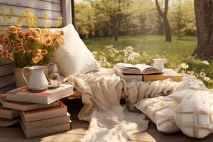 AI generated Cozy outdoor reading nook with books, a blanket, and spring flowers. Generative AI photo