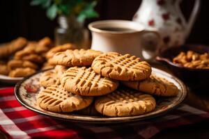 AI generated A plate of homemade peanut butter cookies. Generative AI photo