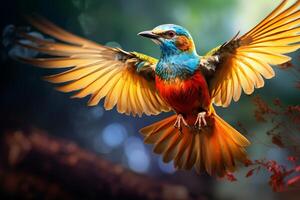 AI generated A close-up of a vibrant bird in flight. Generative AI photo