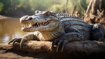 AI generated A large alligator laying on top of a rock. Generative AI photo