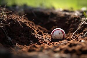 ai generado un béisbol capturado en de cerca como eso hojas el montículo. generativo ai foto