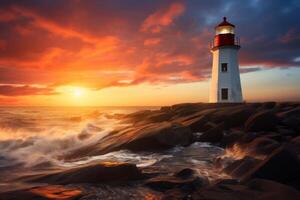 AI generated Sunrise illuminating a coastal lighthouse. Generative AI photo