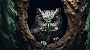 AI generated Owl perched inside a hollow tree. Generative AI photo