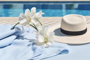 ai generado relajante junto a la piscina Bosquejo con un sombrero para el sol, Gafas de sol, y un playa toalla. generativo ai foto