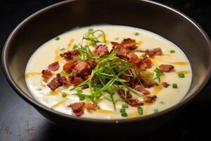 AI generated Crispy bacon bits sprinkled over a creamy potato soup. Generative AI photo