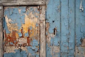 AI generated A close-up of a weathered wooden door with peeling paint. Generative AI photo