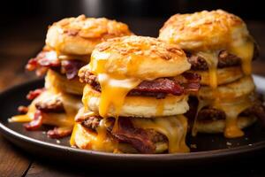 AI generated Stack of bacon and cheese sliders, a perfect party snack. Generative AI photo